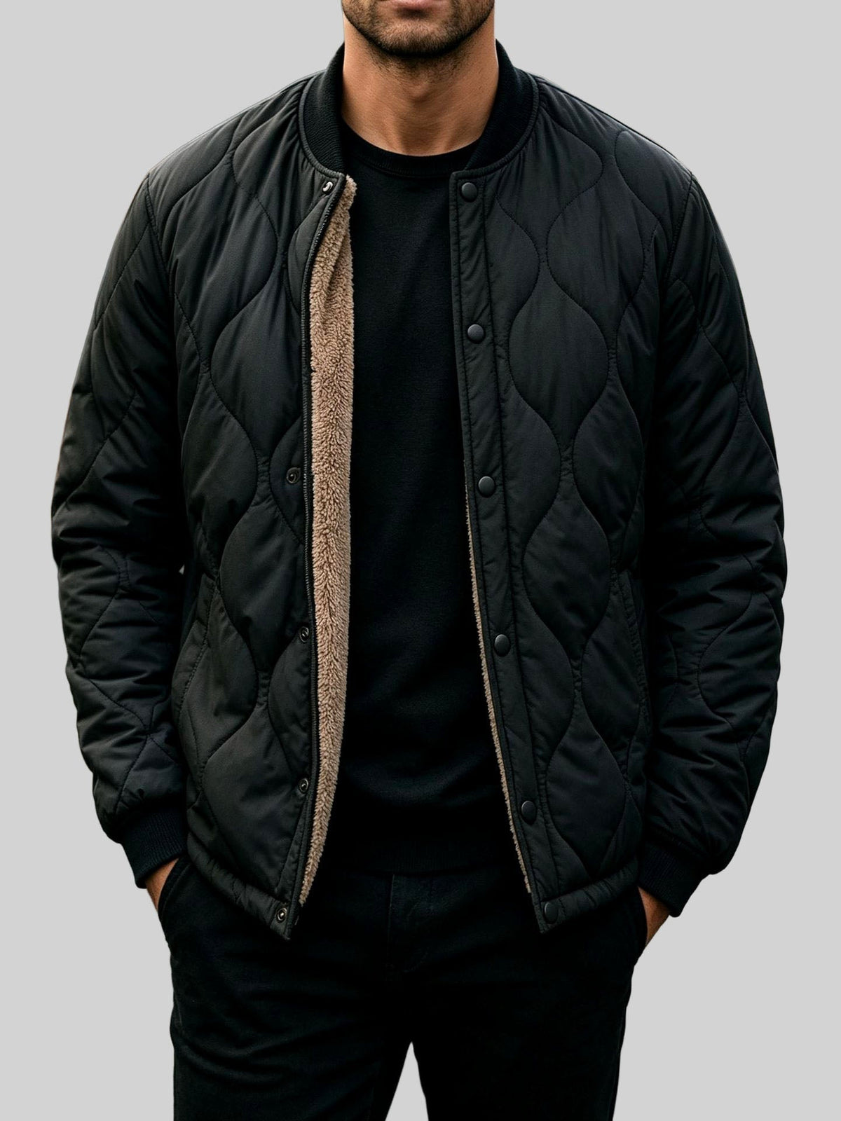 Quilted Bomber Jacket Snap Button Front