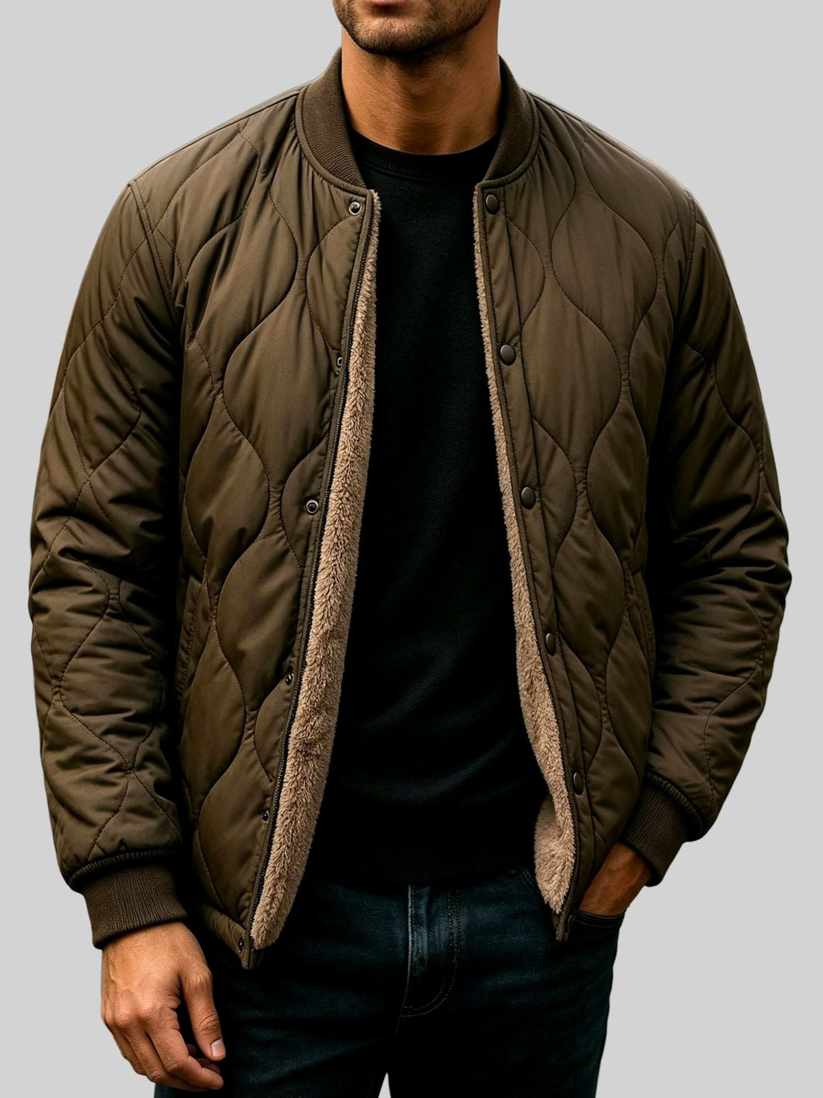 Quilted Bomber Jacket Snap Button Front