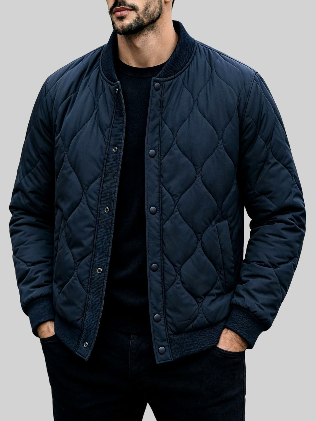 Quilted Bomber Jacket Snap Button Front