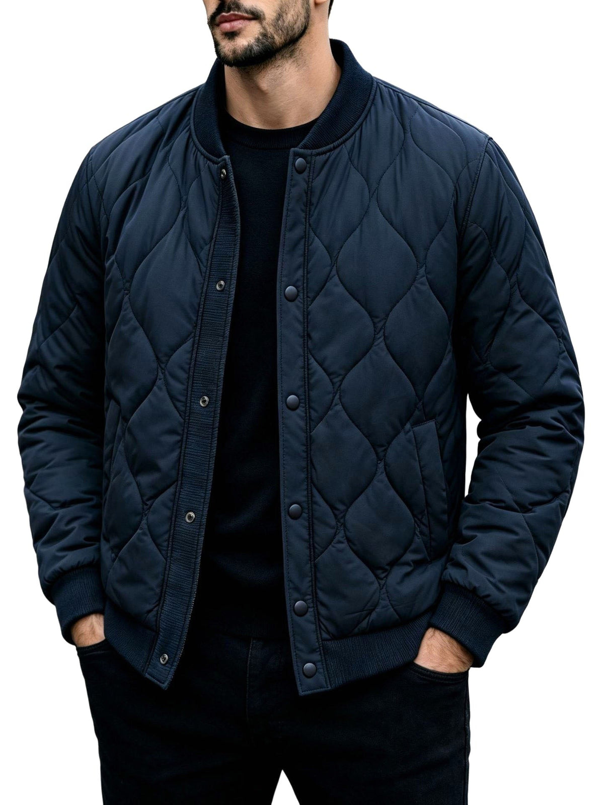 Quilted Bomber Jacket Snap Button Front