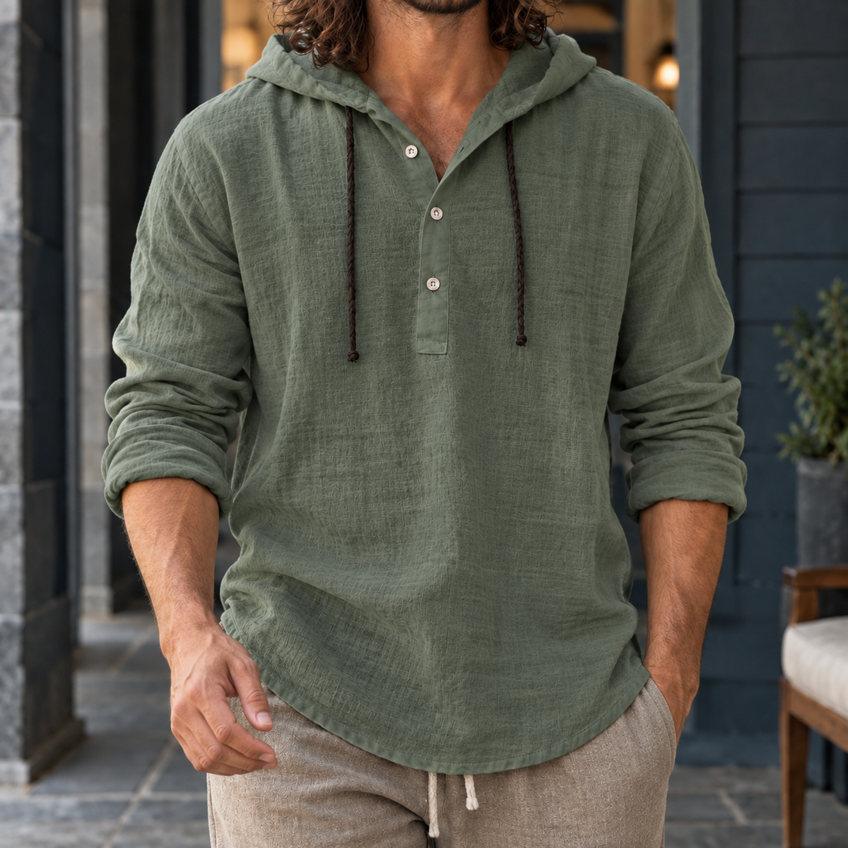 Relaxed Cotton Linen Hooded Henley Shirt