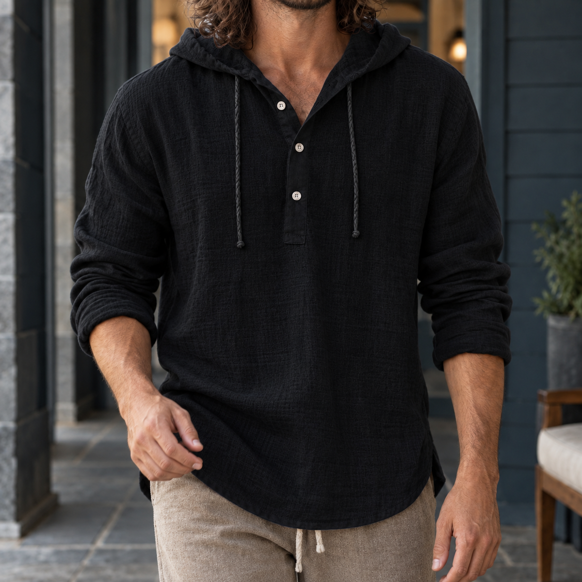 Relaxed Cotton Linen Hooded Henley Shirt