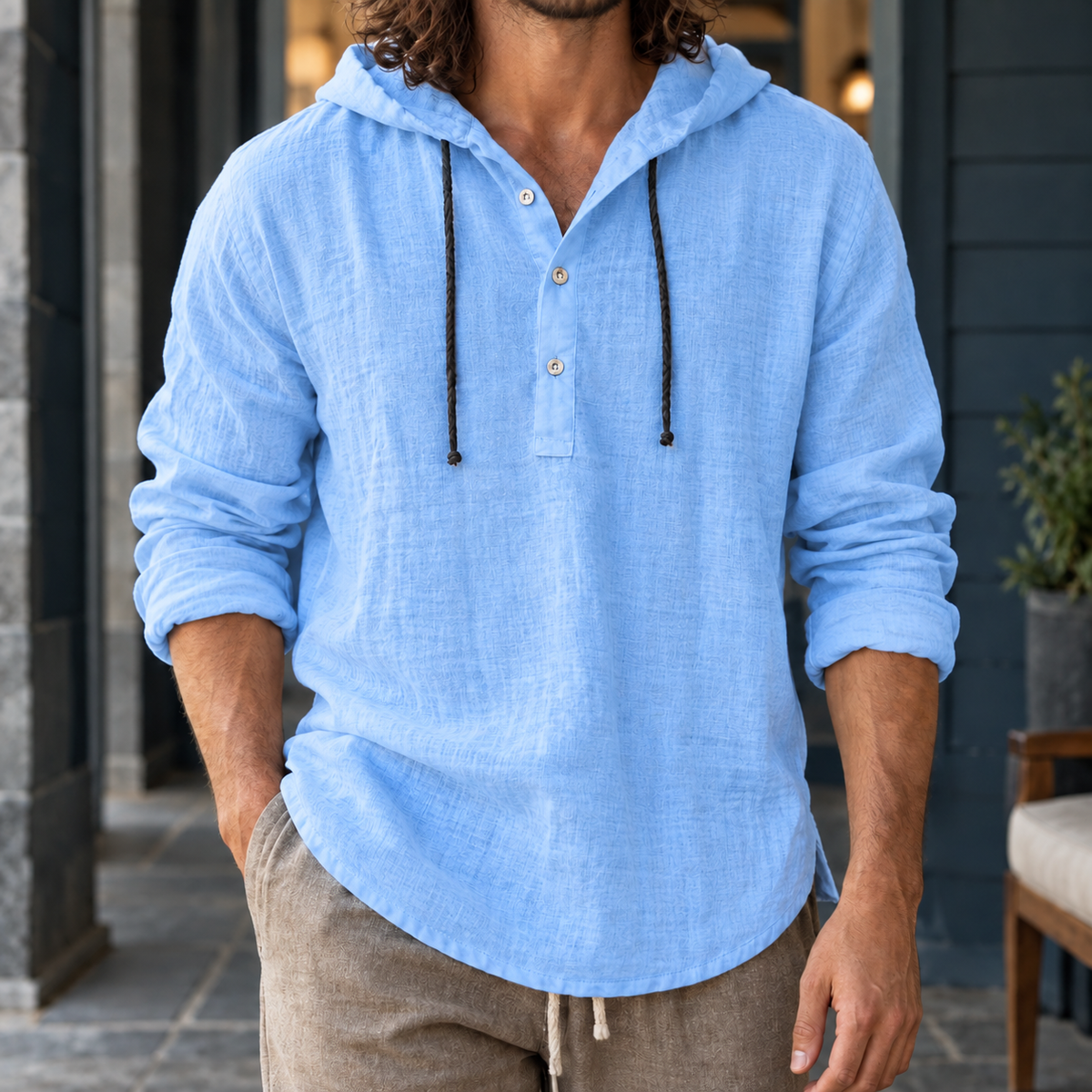 Relaxed Cotton Linen Hooded Henley Shirt