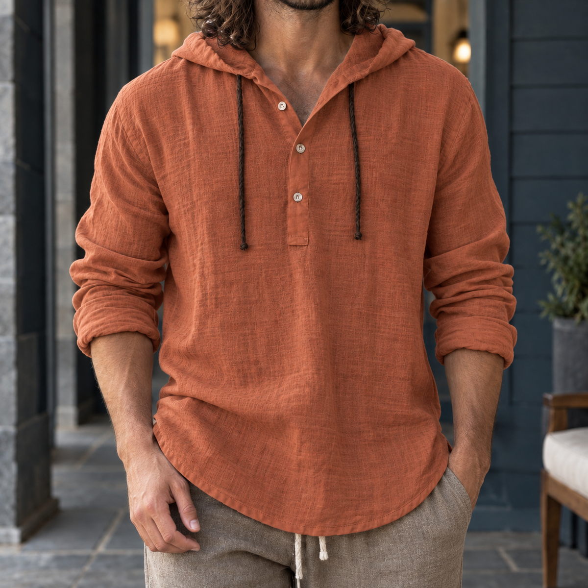 Relaxed Cotton Linen Hooded Henley Shirt
