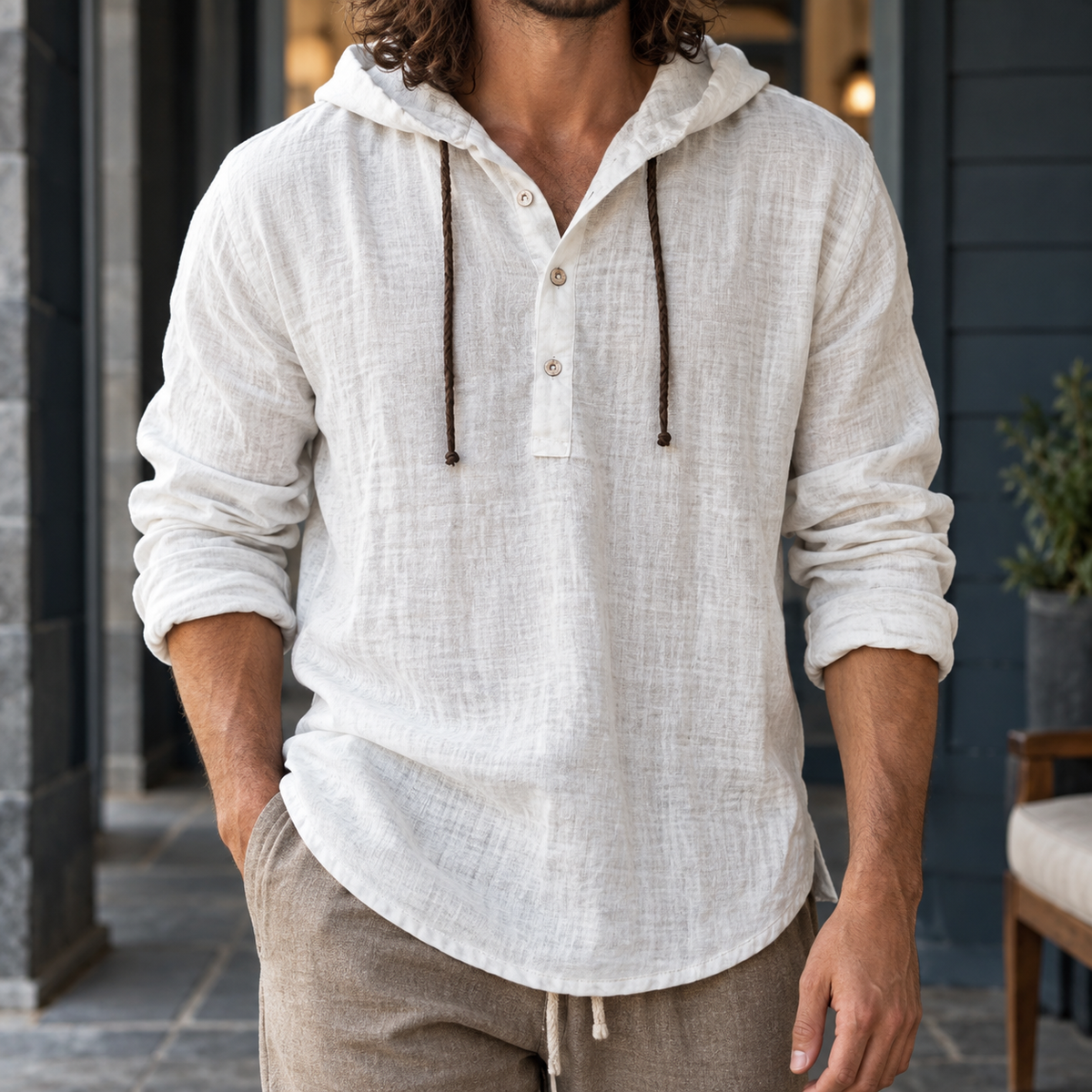 Relaxed Cotton Linen Hooded Henley Shirt