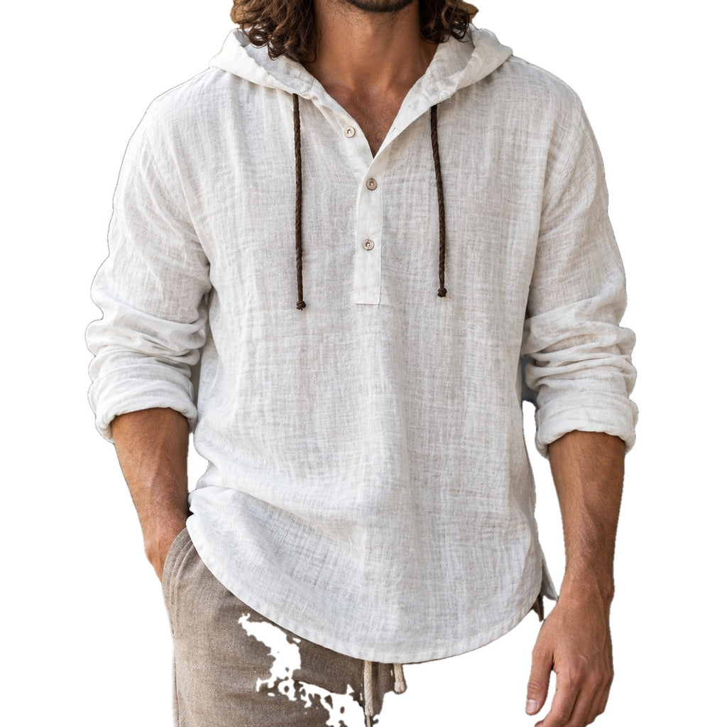 Relaxed Cotton Linen Hooded Henley Shirt