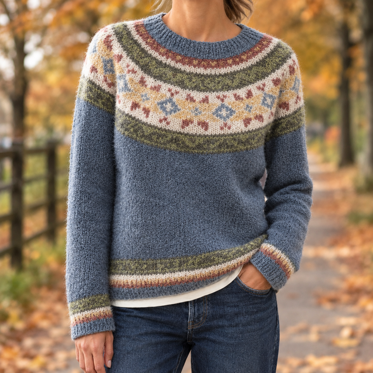 Relaxed Fair Isle Knit Crew Neck Sweater