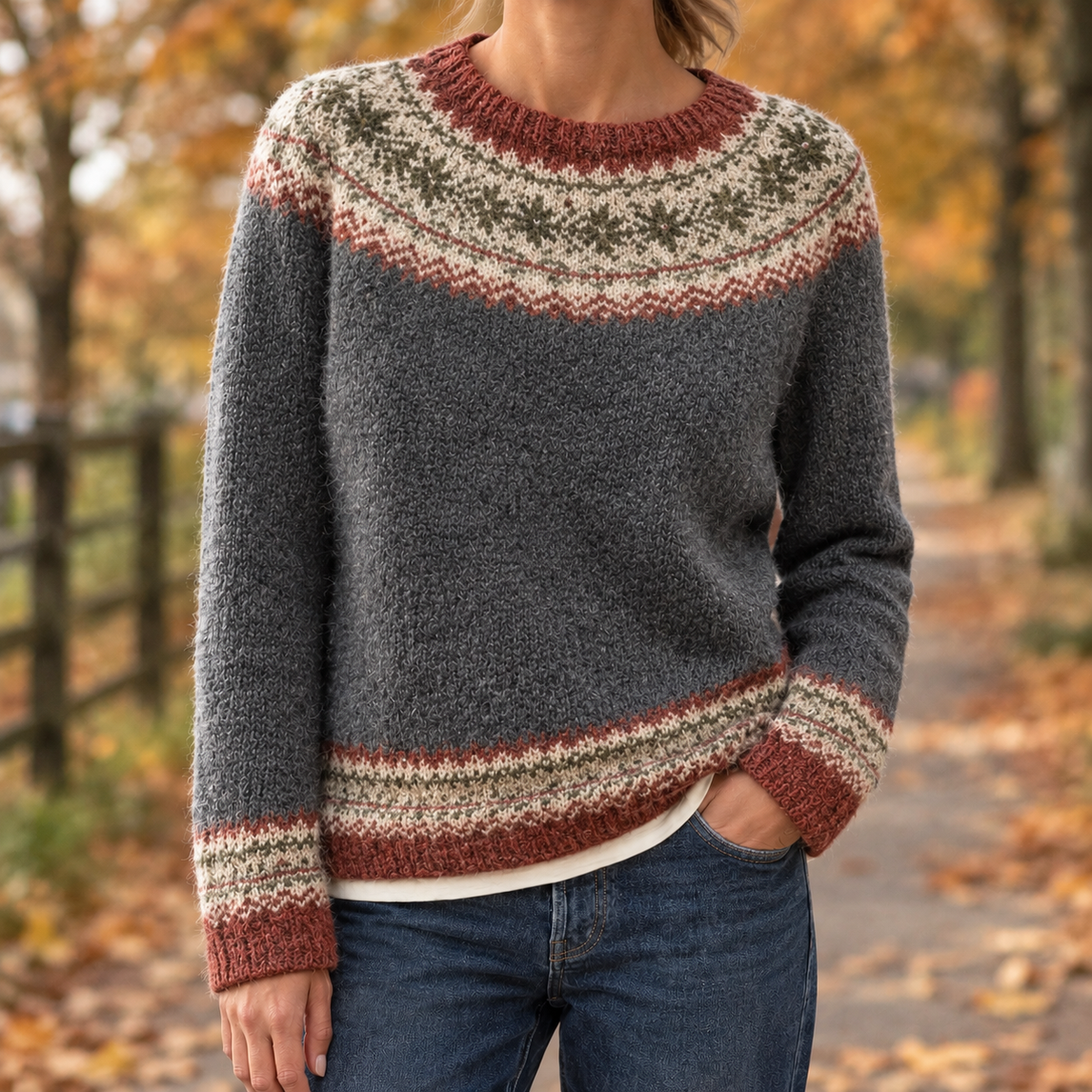 Relaxed Fair Isle Knit Crew Neck Sweater