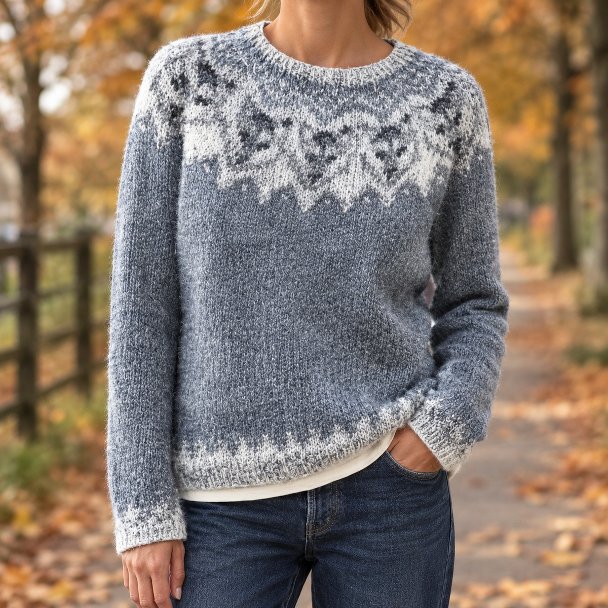 Relaxed Fair Isle Knit Crew Neck Sweater