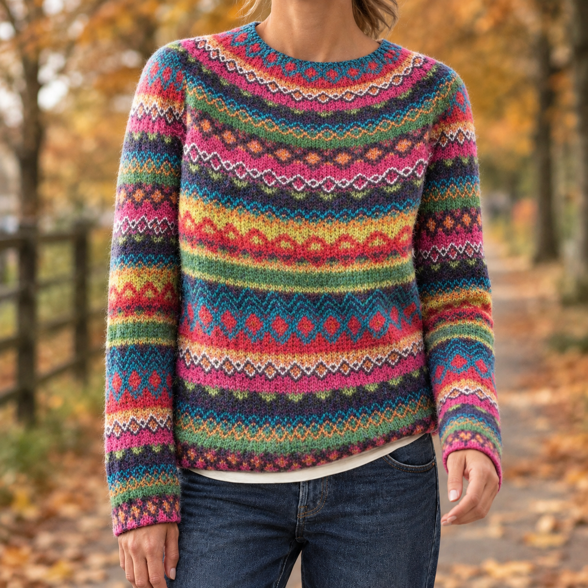Relaxed Fair Isle Knit Crew Neck Sweater