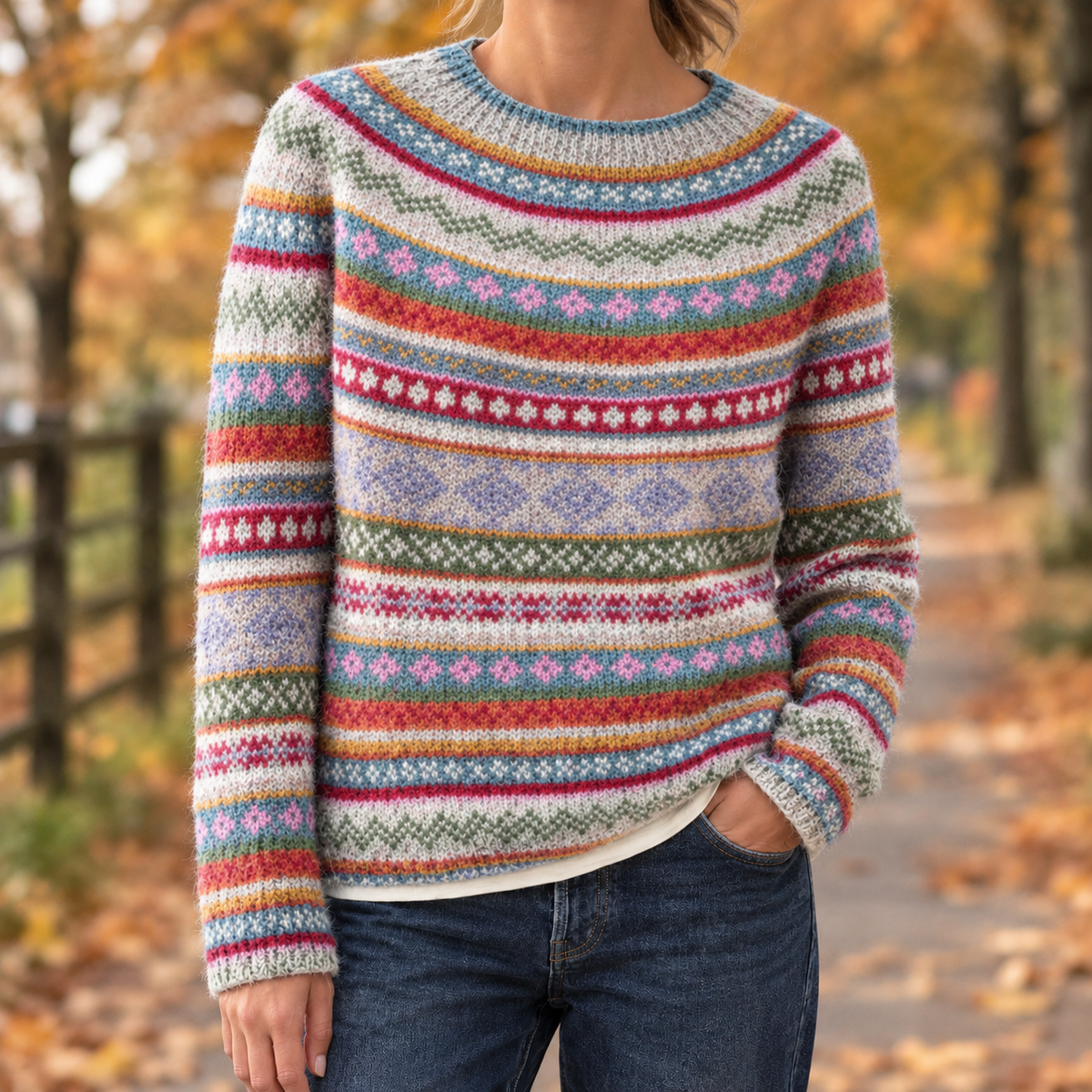 Relaxed Fair Isle Knit Crew Neck Sweater