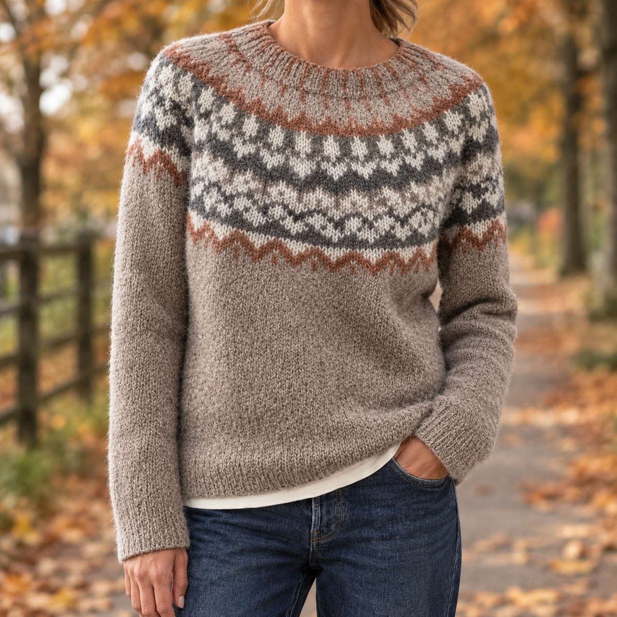 Relaxed Fair Isle Knit Crew Neck Sweater