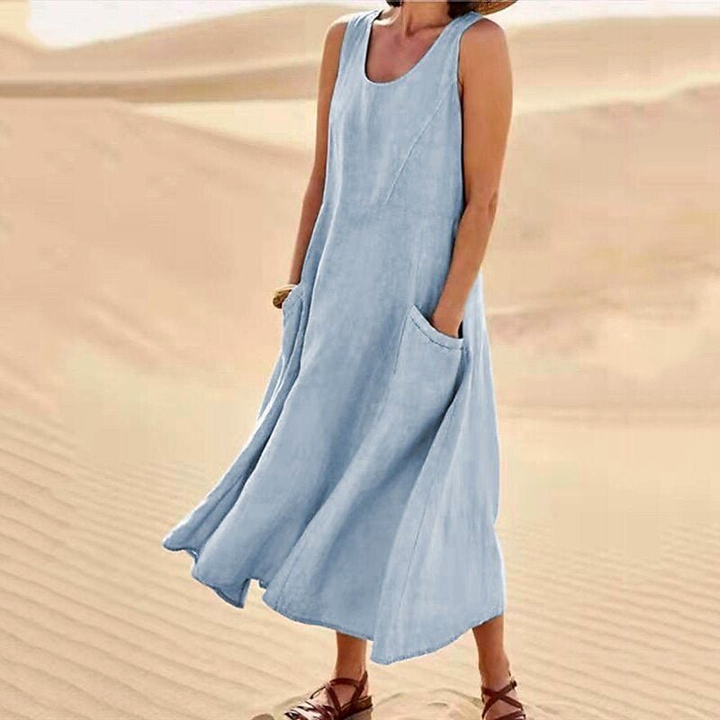 Relaxed Linen Blend Sleeveless Maxi Dress Pockets