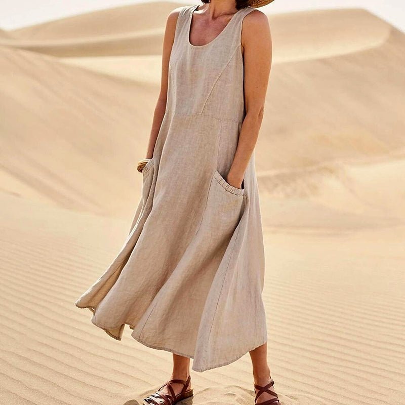 Relaxed Linen Blend Sleeveless Maxi Dress Pockets