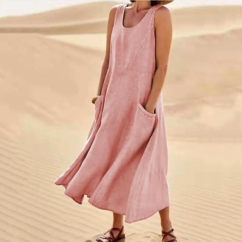 Relaxed Linen Blend Sleeveless Maxi Dress Pockets