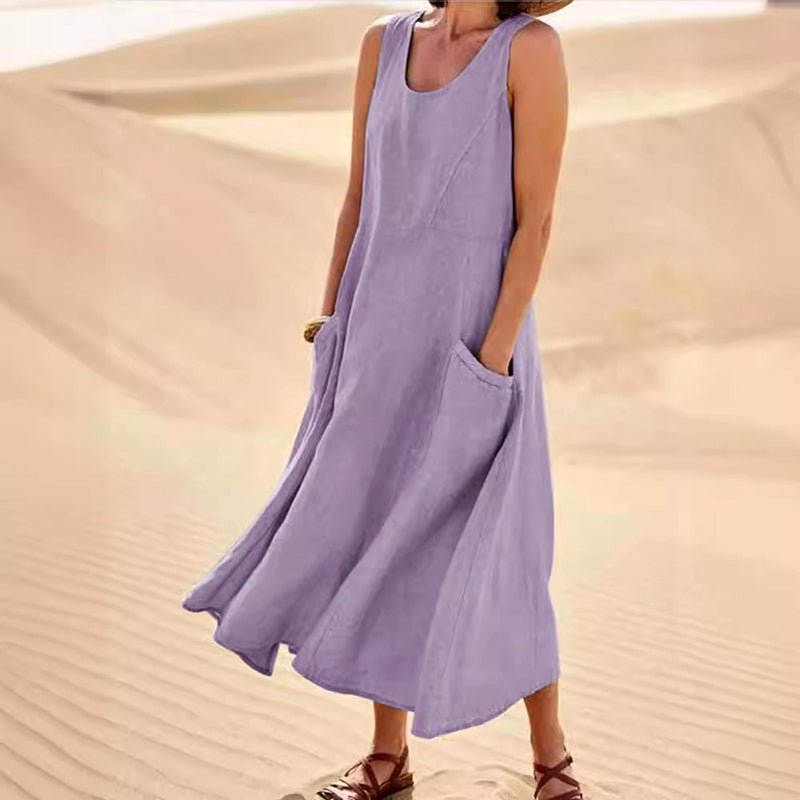 Relaxed Linen Blend Sleeveless Maxi Dress Pockets