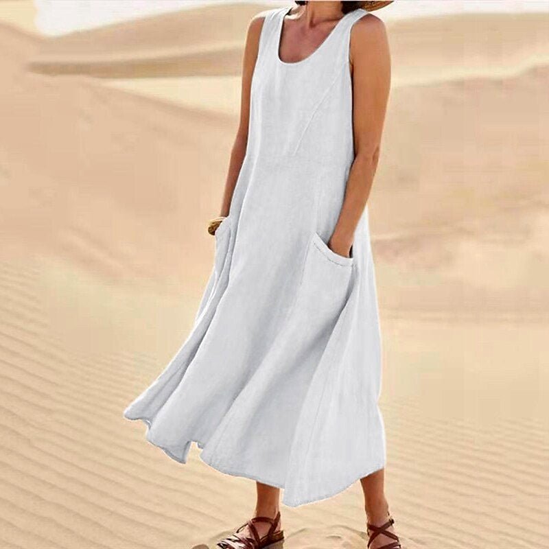 Relaxed Linen Blend Sleeveless Maxi Dress Pockets