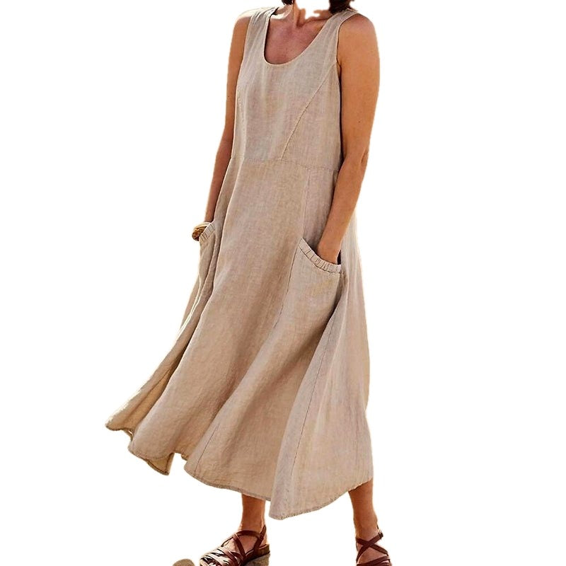 Relaxed Linen Blend Sleeveless Maxi Dress Pockets
