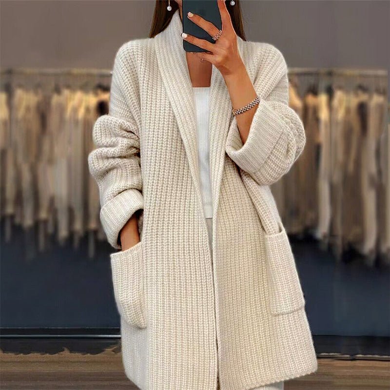 Relaxed Ribbed Knit Open Front Cardigan Shawl Collar