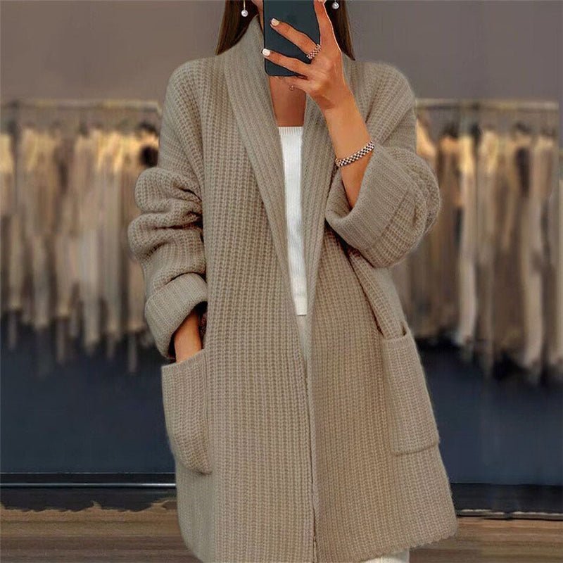 Relaxed Ribbed Knit Open Front Cardigan Shawl Collar