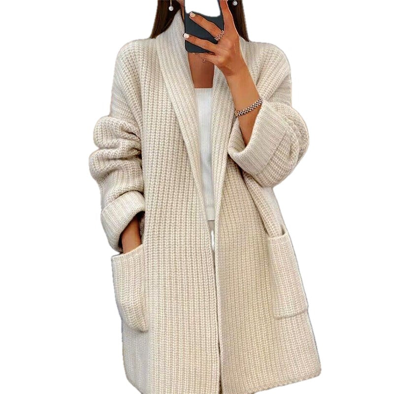 Relaxed Ribbed Knit Open Front Cardigan Shawl Collar