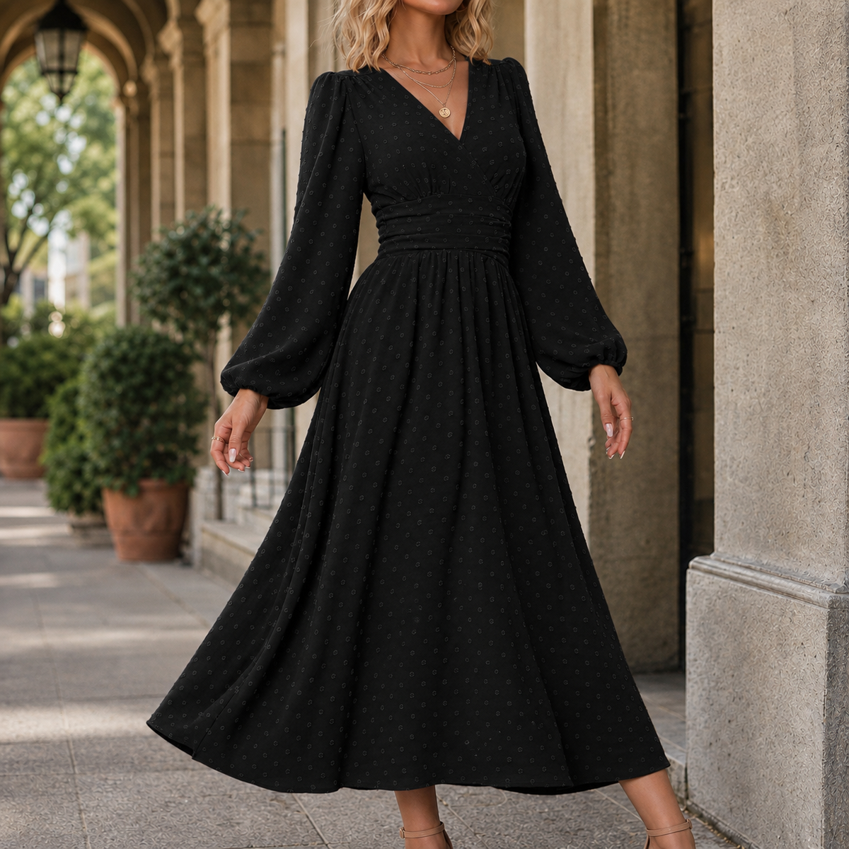 Ruched Waist A Line Midi Dress Lantern Sleeves