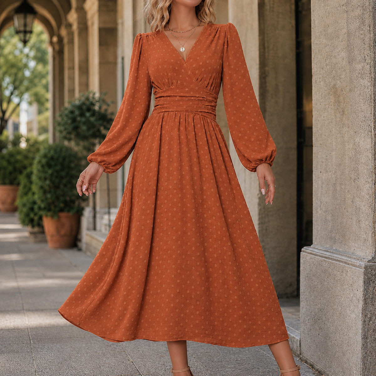 Ruched Waist A Line Midi Dress Lantern Sleeves