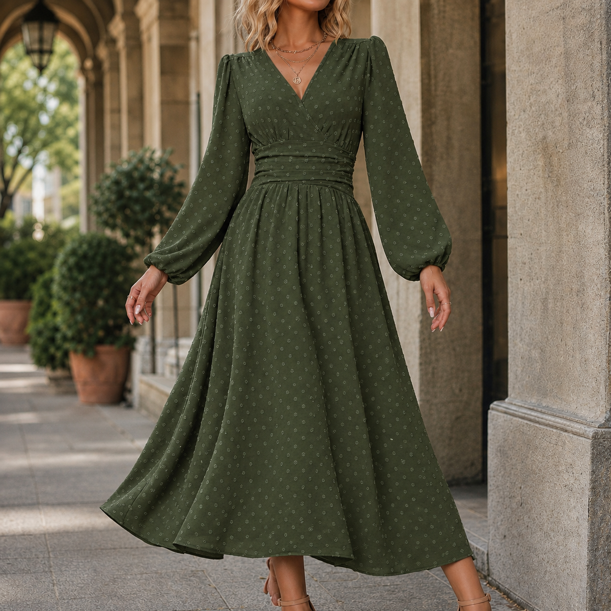 Ruched Waist A Line Midi Dress Lantern Sleeves