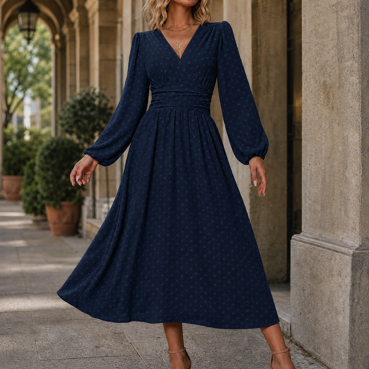 Ruched Waist A Line Midi Dress Lantern Sleeves