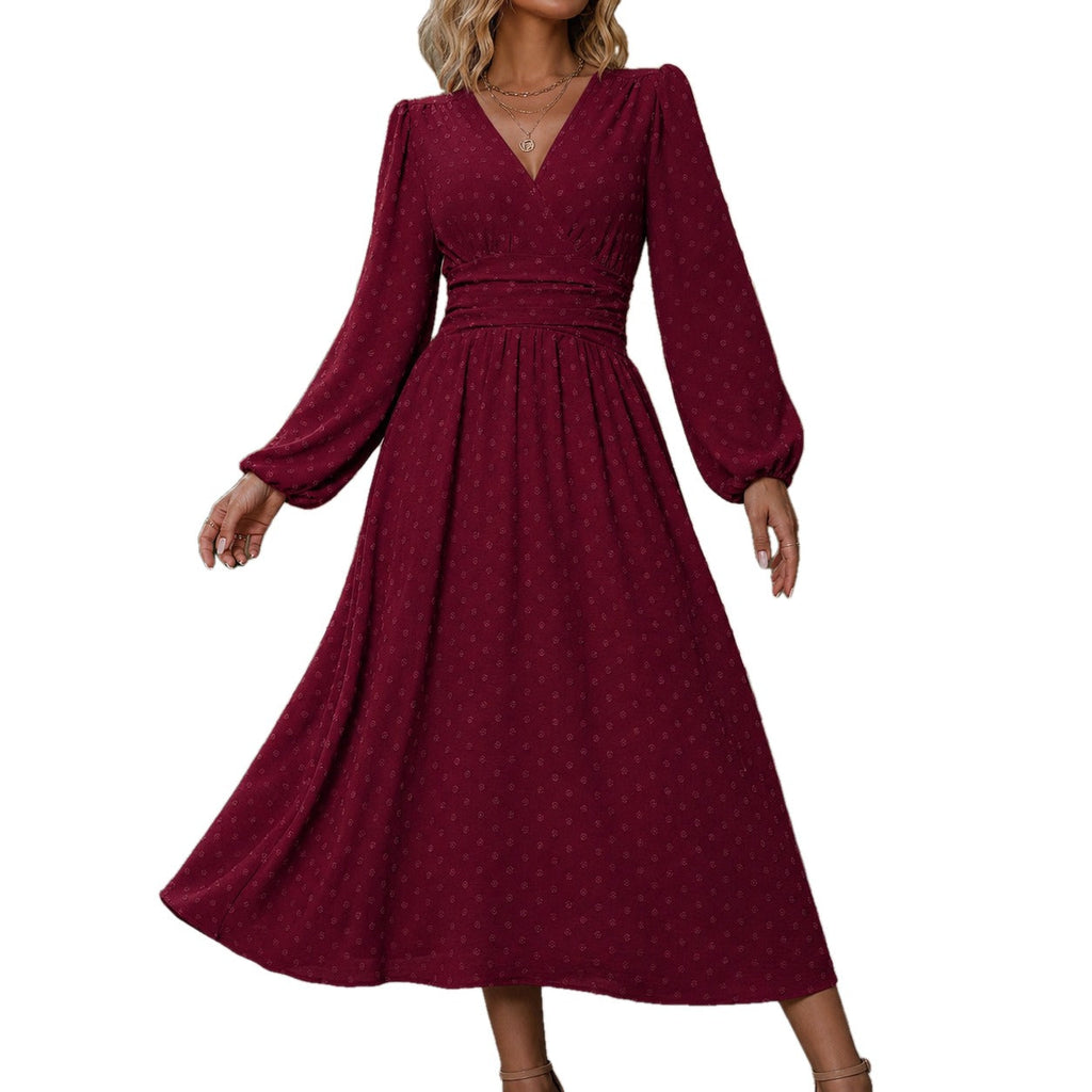 Ruched Waist A Line Midi Dress Lantern Sleeves