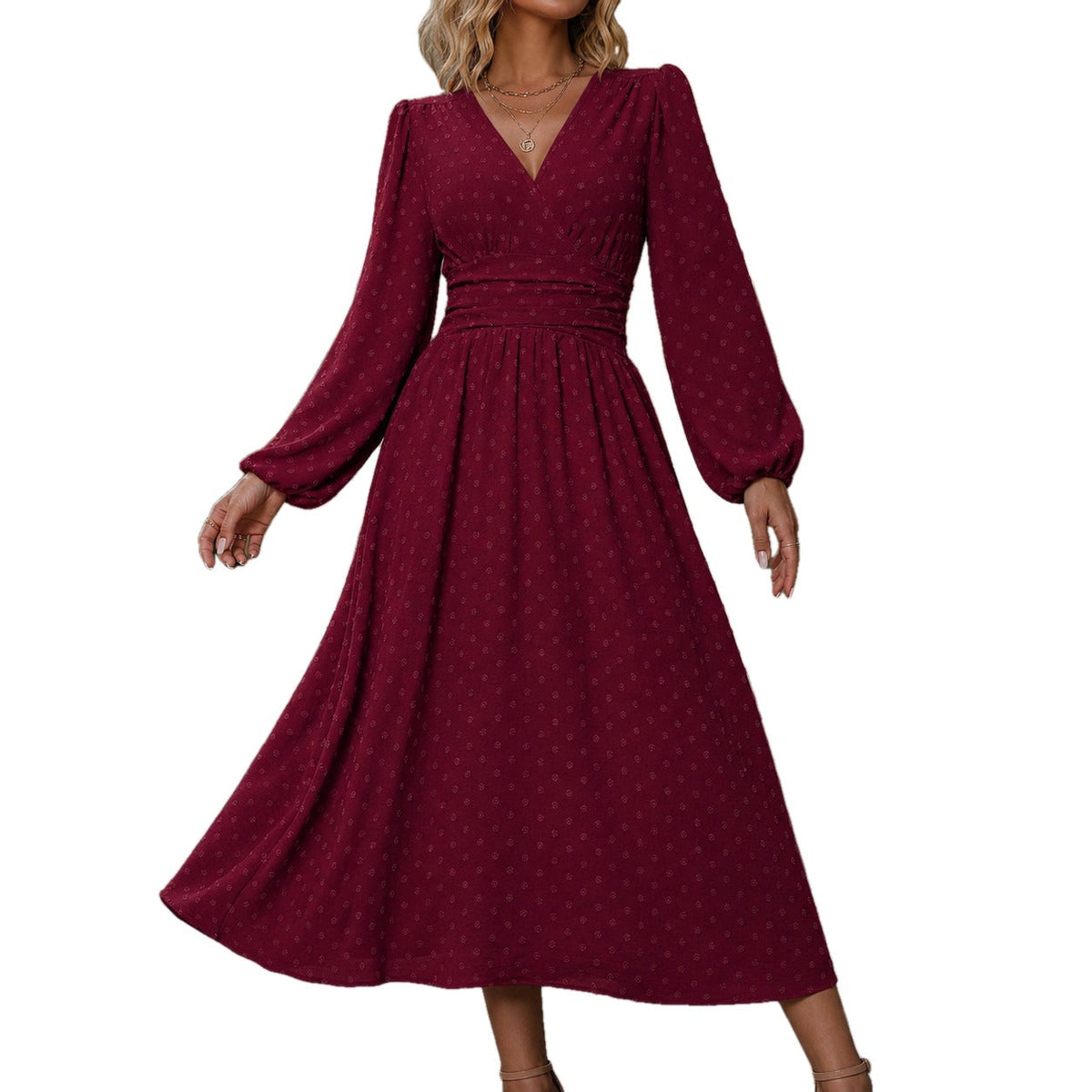 Ruched Waist A Line Midi Dress Lantern Sleeves