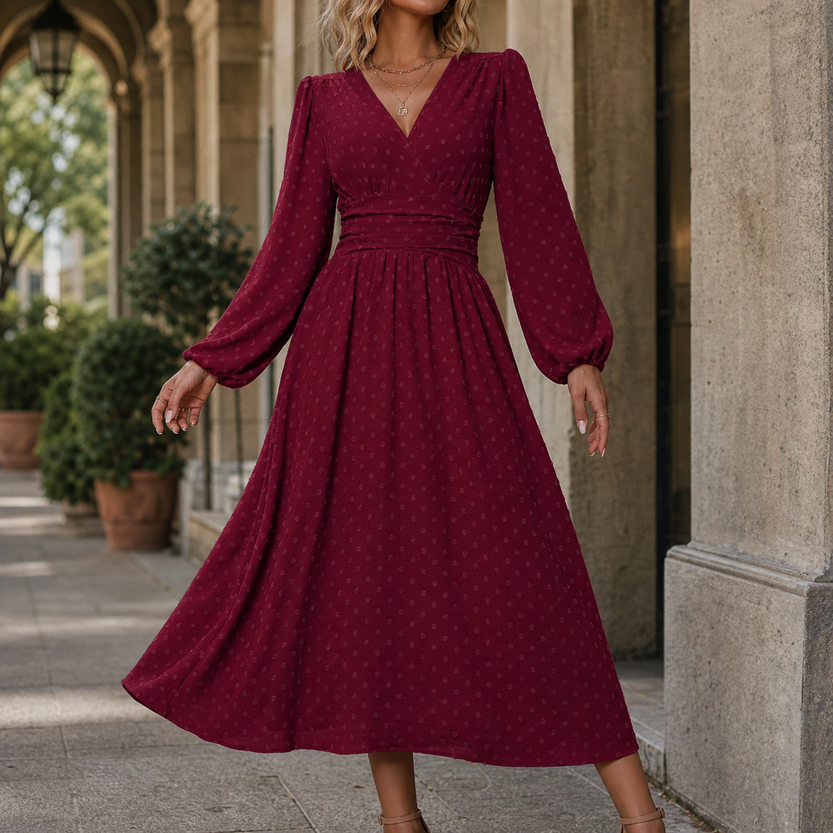 Ruched Waist A Line Midi Dress Lantern Sleeves