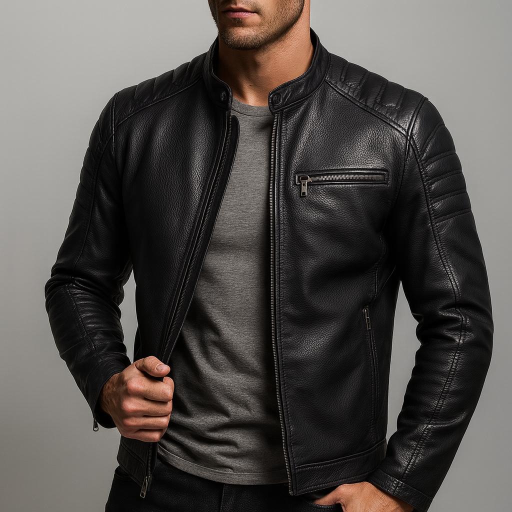 Slim Stand Collar Leather Look Moto Jacket