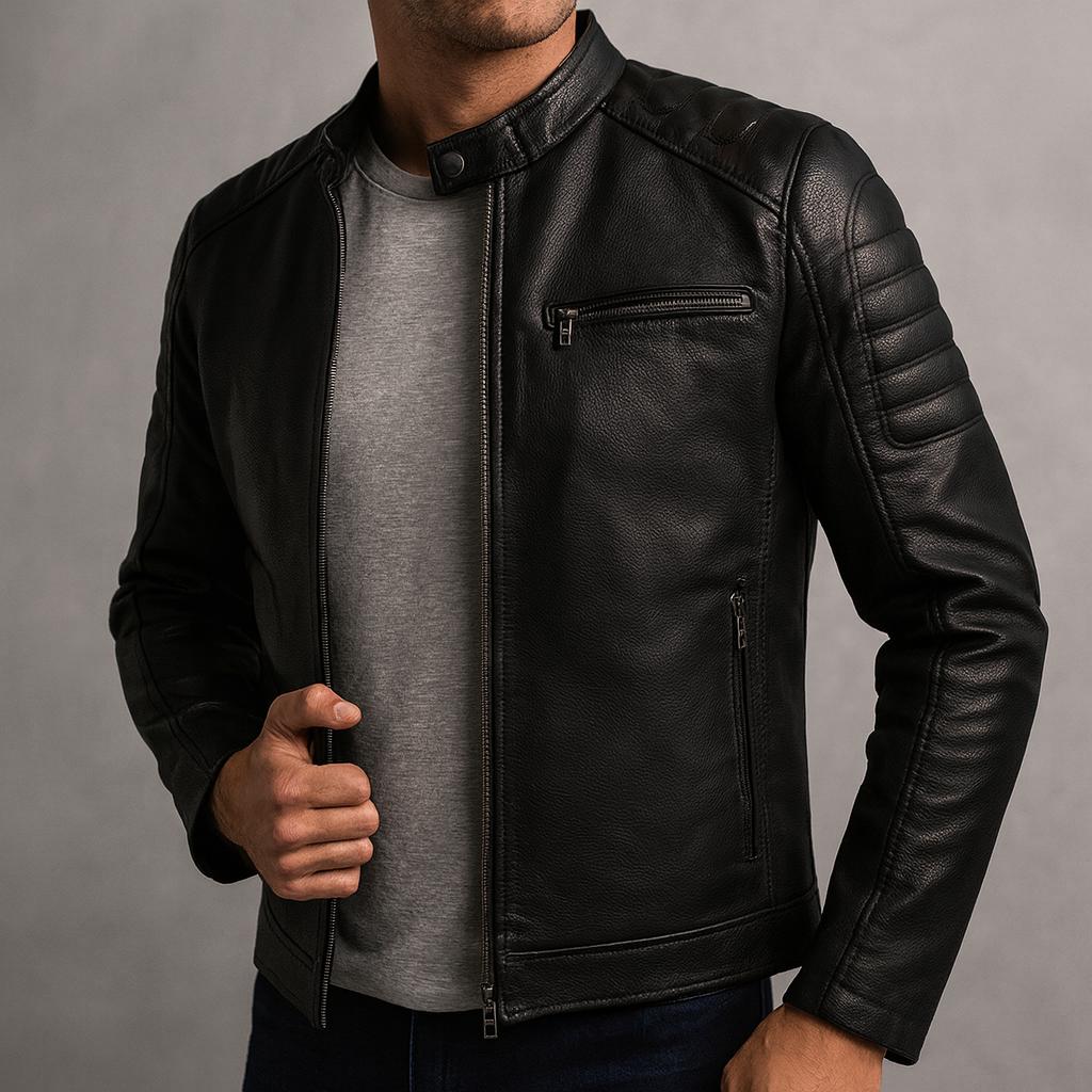 Slim Stand Collar Leather Look Moto Jacket