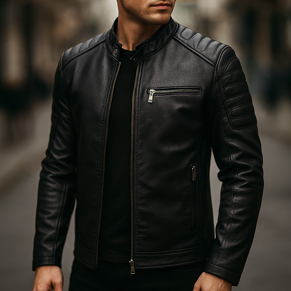 Slim Stand Collar Leather Look Moto Jacket