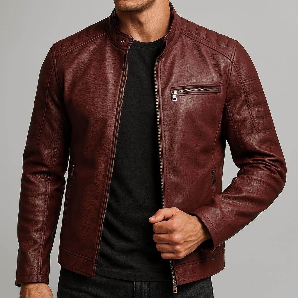 Slim Stand Collar Leather Look Moto Jacket