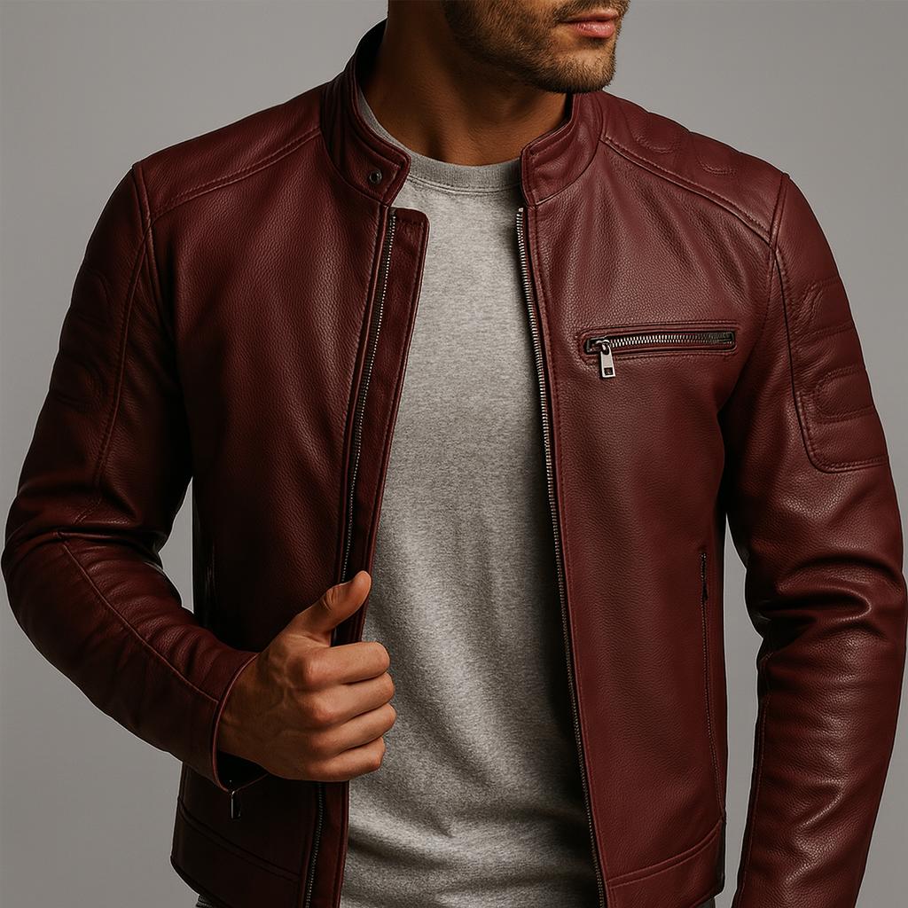 Slim Stand Collar Leather Look Moto Jacket
