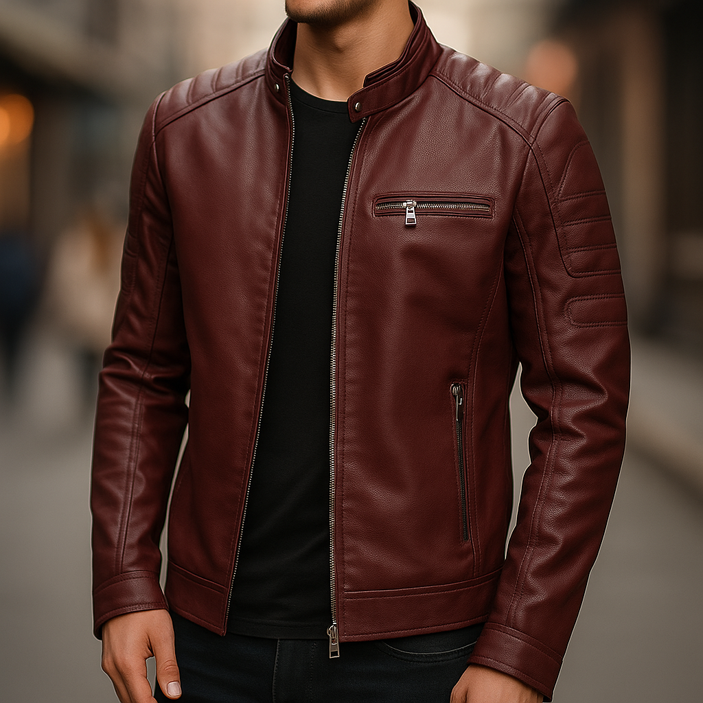 Slim Stand Collar Leather Look Moto Jacket
