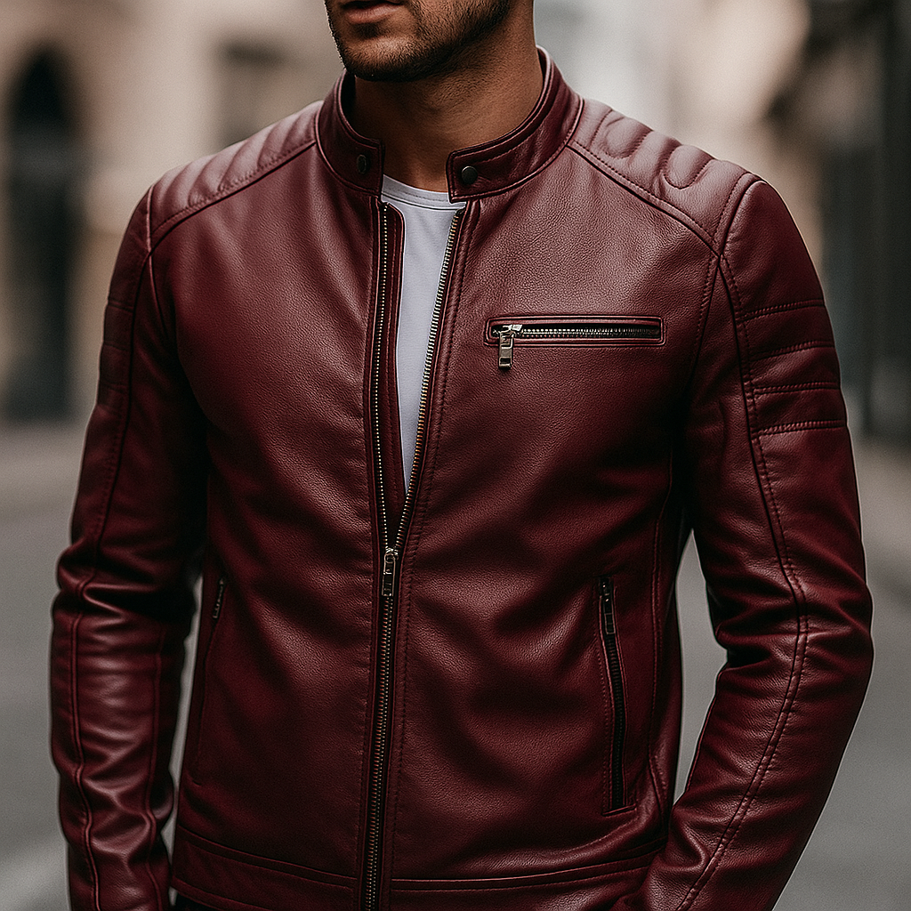 Slim Stand Collar Leather Look Moto Jacket