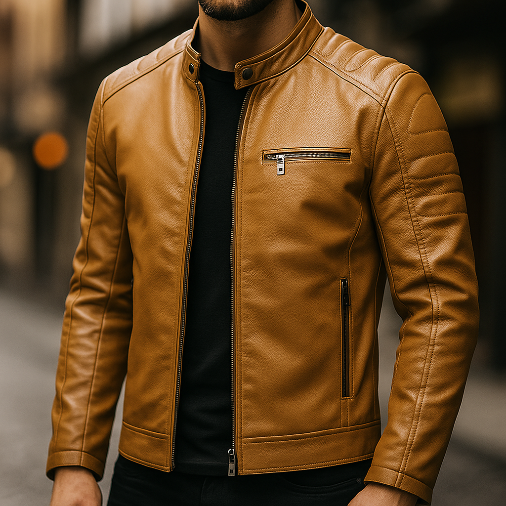 Slim Stand Collar Leather Look Moto Jacket