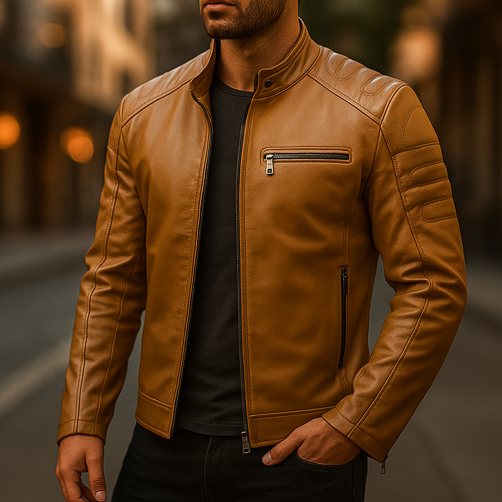 Slim Stand Collar Leather Look Moto Jacket