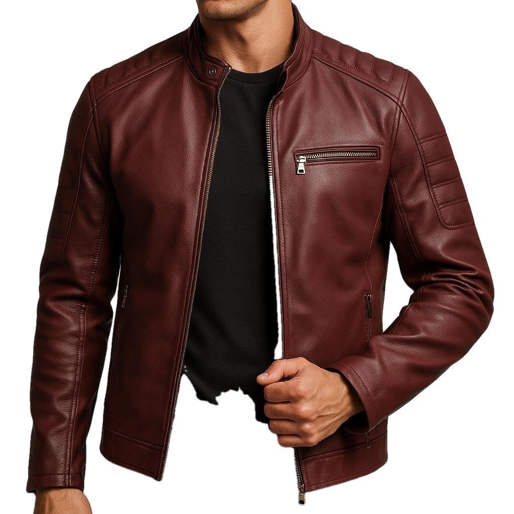 Slim Stand Collar Leather Look Moto Jacket