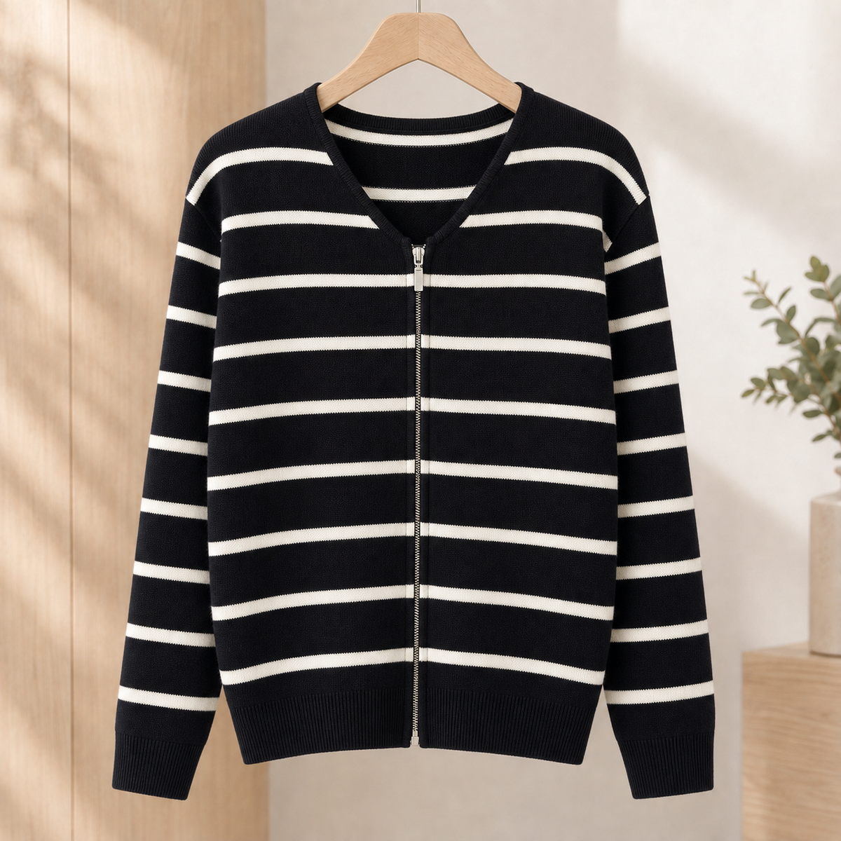 Striped Knit Zip Cardigan V Neck