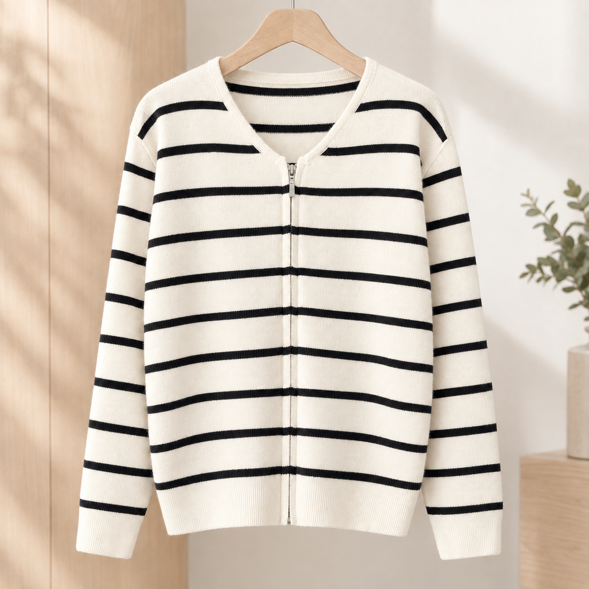Striped Knit Zip Cardigan V Neck