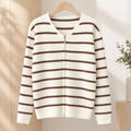 Striped Knit Zip Cardigan V Neck