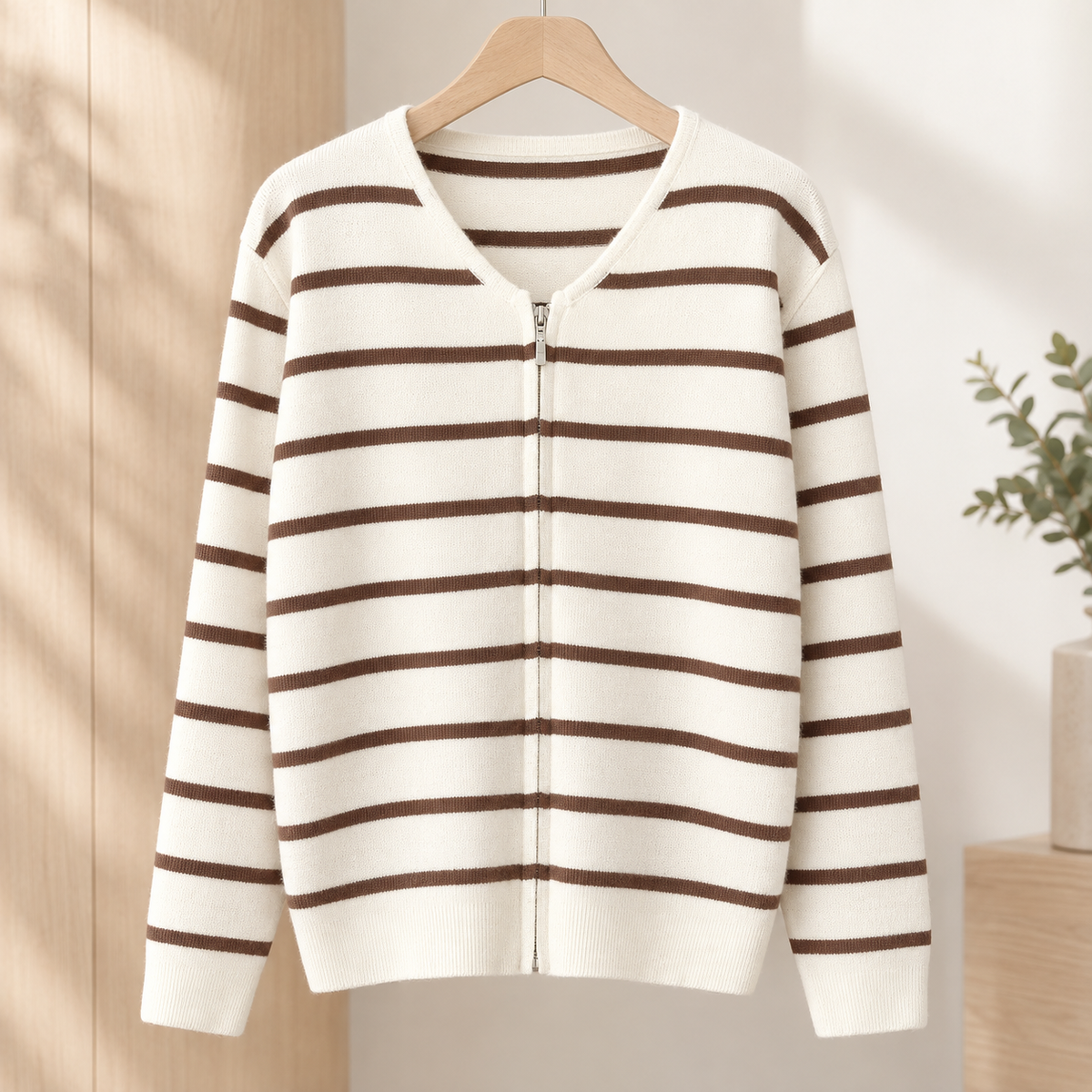 Striped Knit Zip Cardigan V Neck