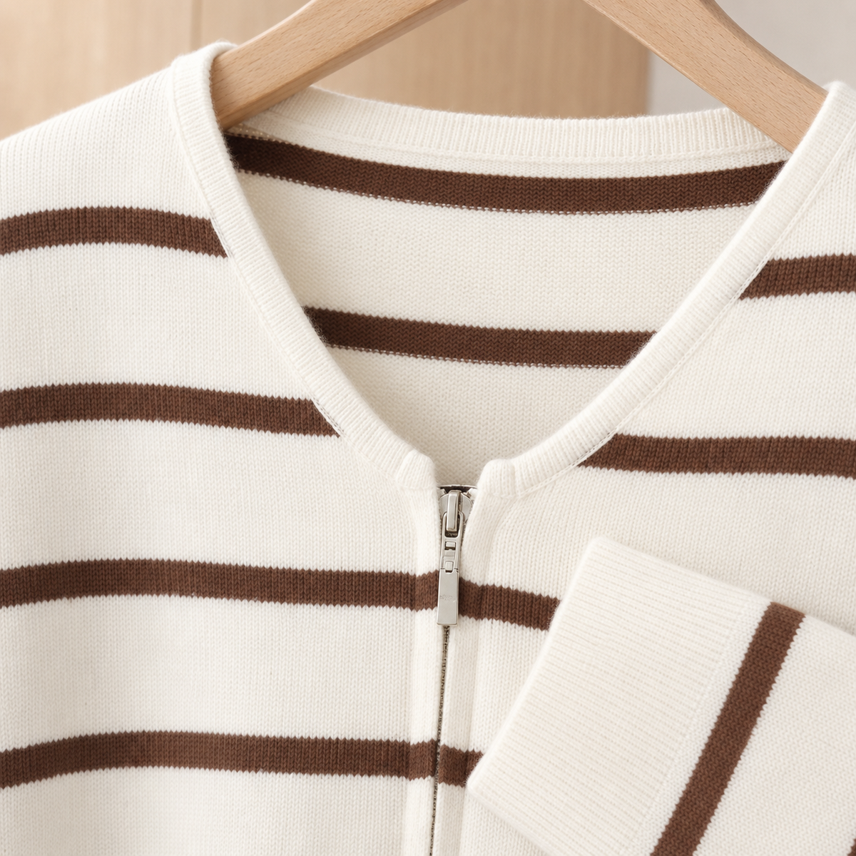 Striped Knit Zip Cardigan V Neck