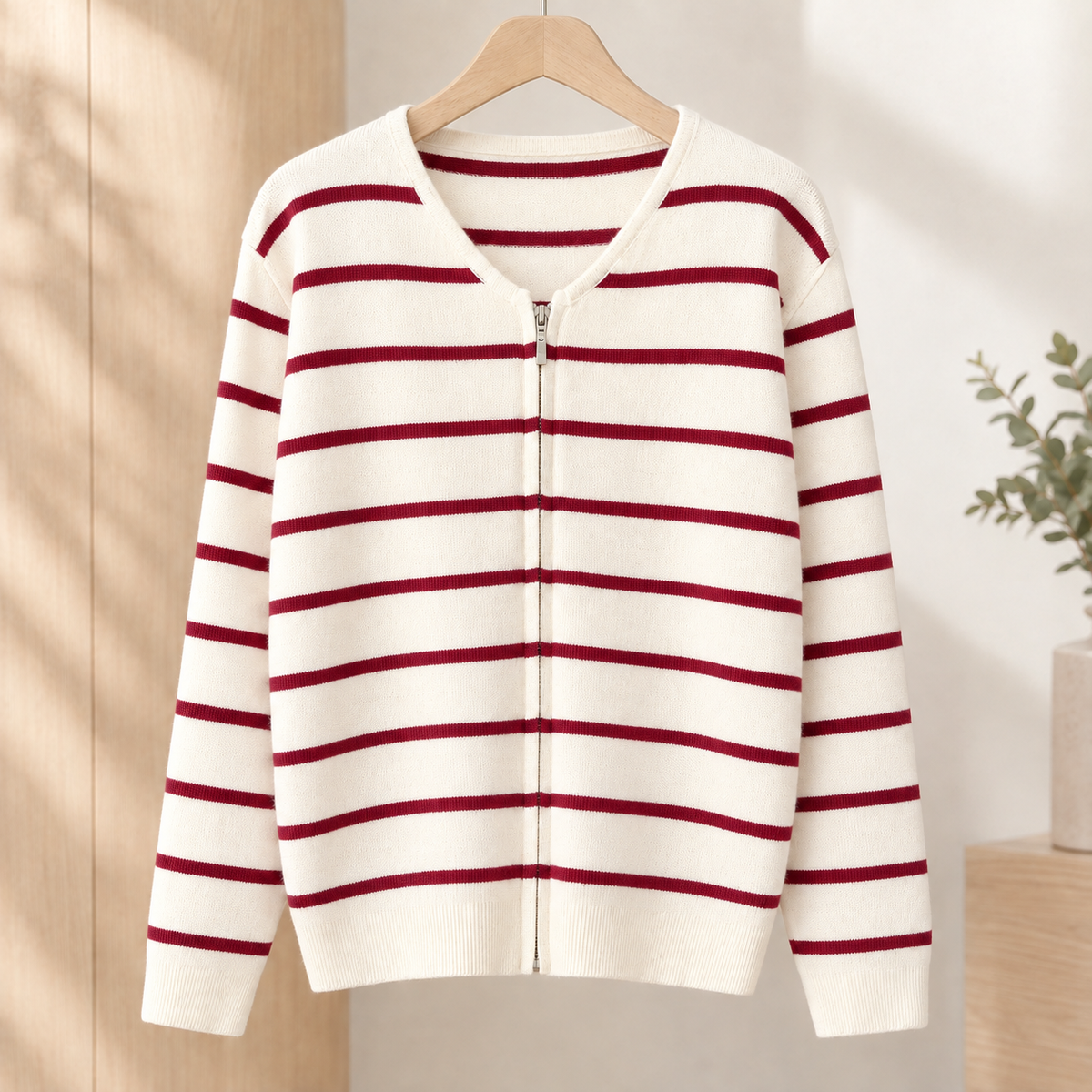 Striped Knit Zip Cardigan V Neck