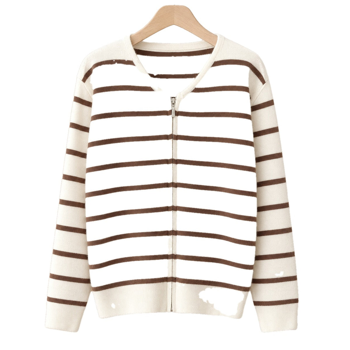 Striped Knit Zip Cardigan V Neck