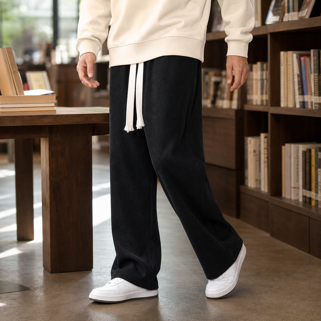 Wide Leg Ribbed Drawstring Pants